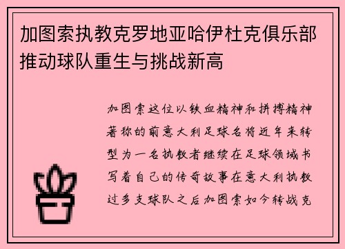 加图索执教克罗地亚哈伊杜克俱乐部推动球队重生与挑战新高 加图索执教克罗地亚哈伊杜克俱乐部推动球队重生与挑战新高