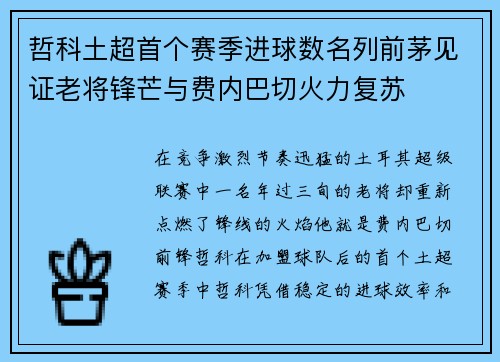 哲科土超首个赛季进球数名列前茅见证老将锋芒与费内巴切火力复苏 哲科土超首个赛季进球数名列前茅见证老将锋芒与费内巴切火力复苏